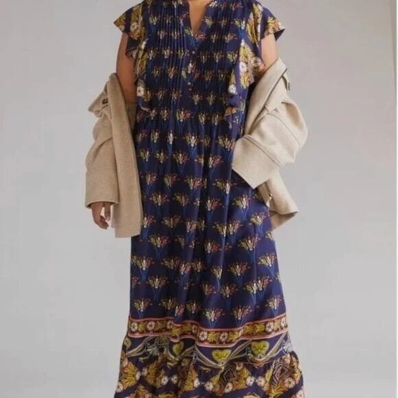 Maeve by Anthropologie Cassandra Flutter Sleeve Floral Navy Blue Maxi Dress XS / - Picture 1 of 9